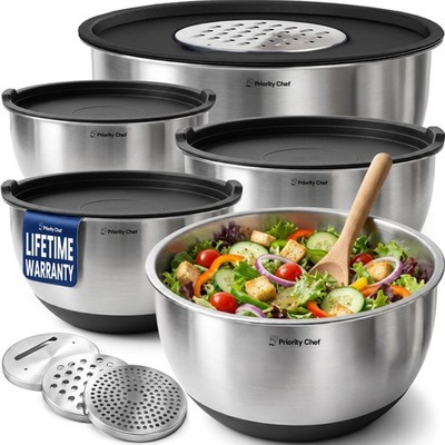 Priority Chef Stainless Steel Mixing Bowls with Lids Set, 3 Grater Attachment...