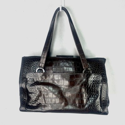 Ann Taylor Brown Croc Embossed Faux Brown Leather Satchel Shoulder Bag Handbag