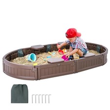 Oval HDPE Sandbox with Cover 72 x 41.5 x 9.1 in Outdoor Sand Pit for Kids