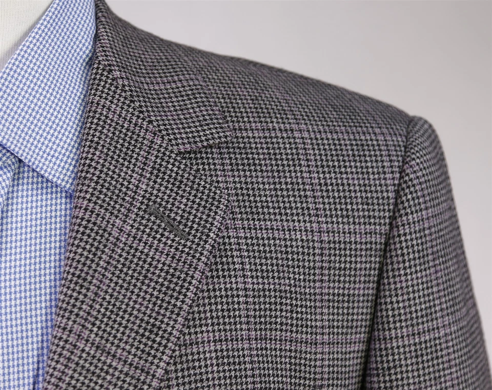 Abrigo deportivo de lana Enzo Custom Clothiers gris negro púrpura a cuadros ventana 40S Foto 4 de 4