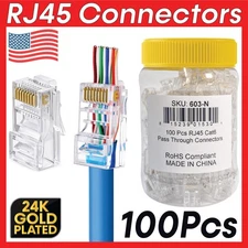 100pcs RJ45 Connectors One Piece RJ-45 Ethernet Pass-Through Plug for Cat6 Cable