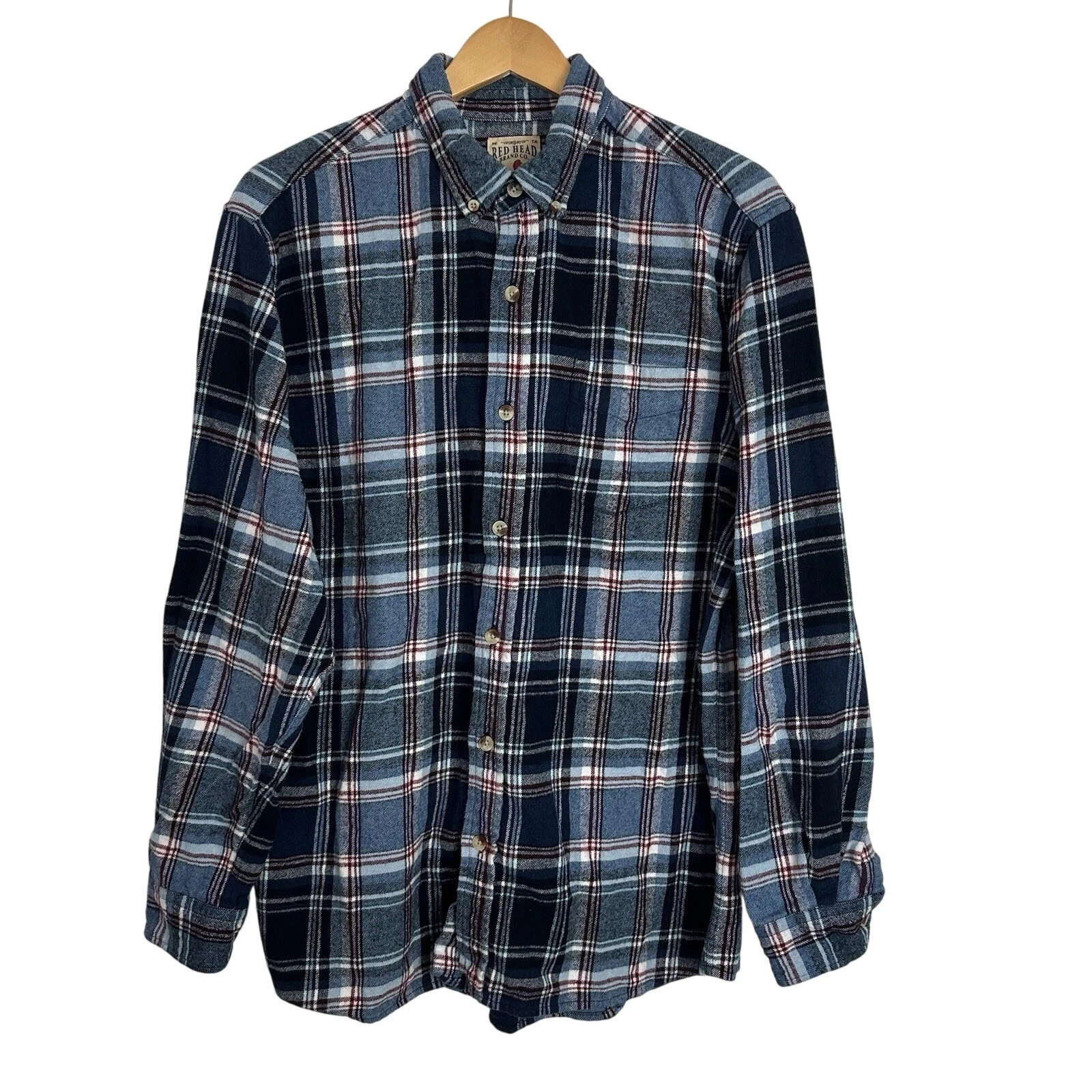 Red Head Shirt Mens Large Blue Red Plaid Flannel Long Sleeve Button Down Outdoor