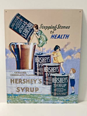1999 Vtg Metal Sign Hershey's Syrup ''Stepping Stones to Health''  16'' x 12-1/2''