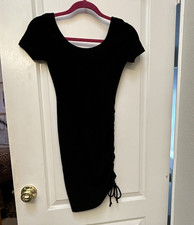 Fashion Nova Black Ribbed Ruched Drawstring Scoop Neck Mini Bodycon Dress S