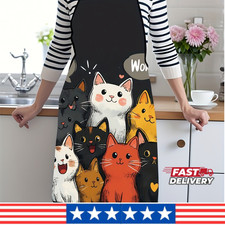 Cute Cat Pattern Kitchen Apron Polyester Cartoon Cats Hearts Stars Cooking Bakin