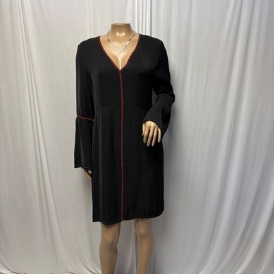 August 1 Eight Black Dress Womens Medium Long Bell Sleeve Maroon Trim V-Neck NEW