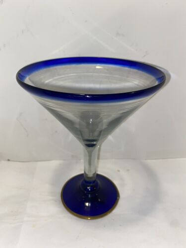 Margarita Glass Hand Blown Cobalt Blue And Clear Made In Mexico 7” Vintage - Picture 1 of 7