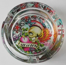 Hate or Love Glass Ashtray, Colorful, Skulls, Butterflies