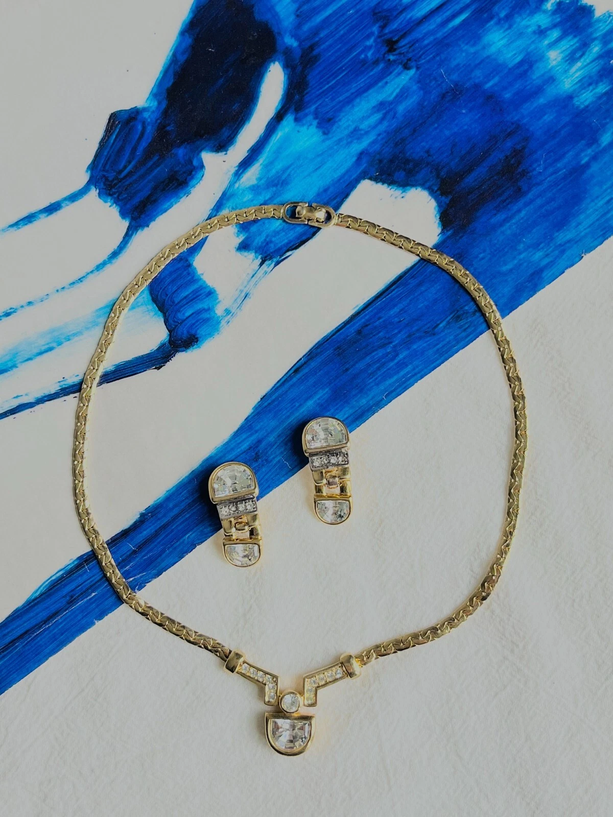 Ensemble pendentif cristal demi cercle Christian Dior vintage années 80, collier boucles d'oreilles