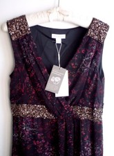 BNWT MONSOON Size 12 Black/Floral Print Hand-Beaded Wrap Style Shift Dress