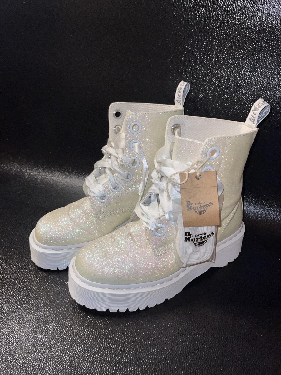 Dr. Martens Molly Glitter White Platform Chunky Ribbon Lace Boots