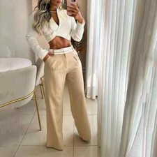 Autumn Women 2Piece Set Office Lapel Short Top Pockets Pants Sets Streetwear