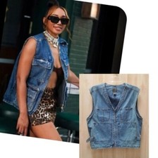 Rare Style Denim Vest Vintage Zip front w/ Pockets Size M Boho Western Country
