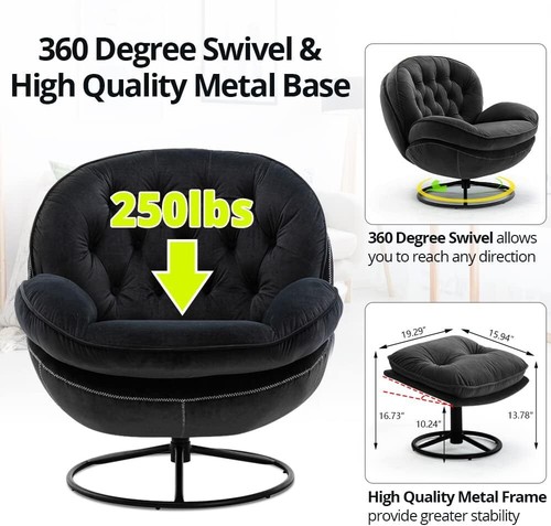 Velvet Swivel Accent Chair with Ottoman Set Armchair Sofa Lounge Chair Black - Picture 6 of 8