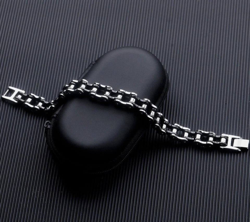 Pulsera Hombre Acero Inoxidable Bicicleta Cadena Motociclista Plateada Negra 22CM Foto 3 de 4
