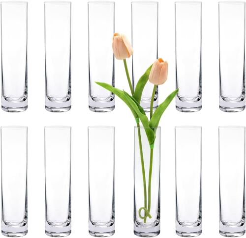 Glass Cylinder Bud Vases for Centerpieces, Set of 12 Clear Small Vases, 7.5 in.