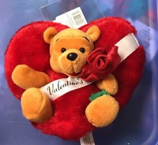 Disney Valentines Pooh Beanbag Plush Pooh In Red Heart W/flowers NWMT