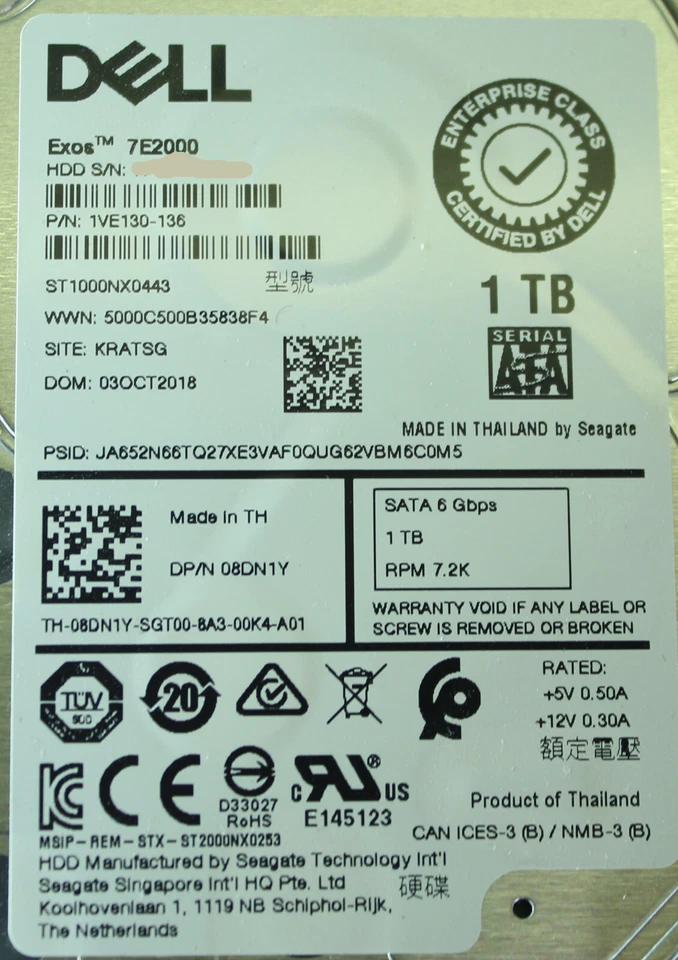 Dell Exos 7E2000 ST1000NX0443 1TB 2.5"SATA 7.2K Hot-plug HDD with caddy 08DN1Y - Image 2 of 4