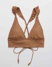Aerie Women's Ruffle Tie Longline Triangle Bikini Top Cedar Expedition Size M