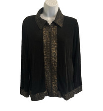 CHICO'S TRAVELERS Size 0 S Black Slinky Knit Zip Jacket Cardigan Animal Print
