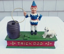 Vintage cast iron mechanical coin bank Trick Dog jumps hoop works piggy metal