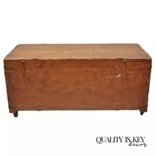 19th C Antique Brown Distress Painted Pine Wood Dovetailed Blanket Chest Trunk