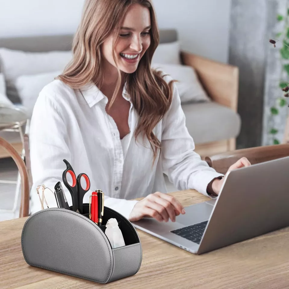 Soporte Control Remoto Cuero TV Control Remoto Caddy Escritorio Organizador 5 Compartimentos Foto 4 de 4