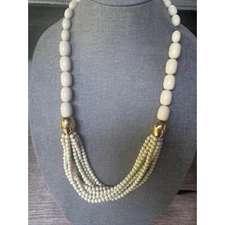 Vintage Napier Ivory Beaded Necklace With Gold Accents