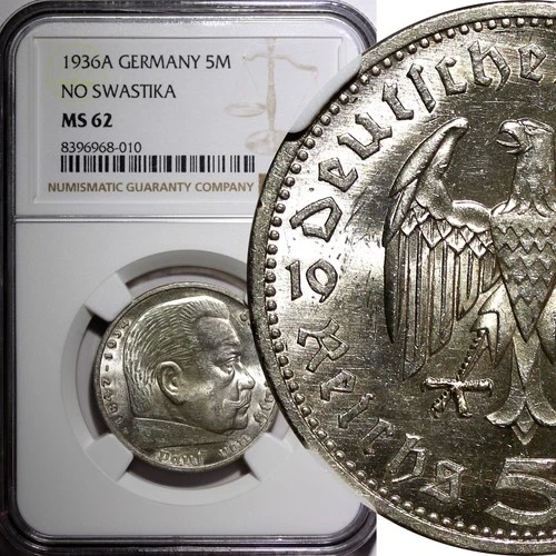 Germany - Third Reich Silver 1936 A 5 Reichsmark Berlin Mint NGC MS62 KM# 86(10)
