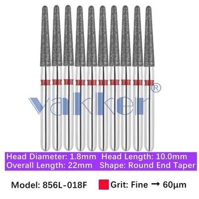 10/pk Dental FG High Speed Diamond Burs Long Round End Taper 856L-018F Fine Grit