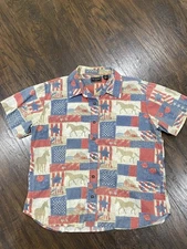 Bit & Bridle Red White Blue Patriotic Country Horse Barn Roses Button Up Shirt M