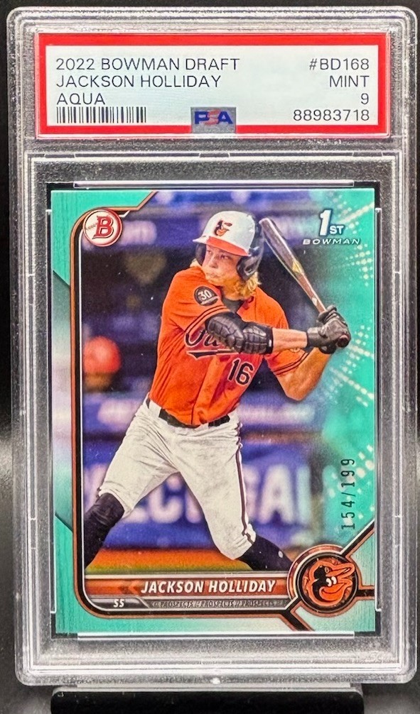 2022 Bowman Draft #BD-168 Jackson Holliday Aqua 1st Bowman #/199 Orioles PSA 9