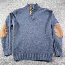 Chaps Sweater Mens Medium Blue Knit Henley Brown Corduroy Elbow Patches EUC
