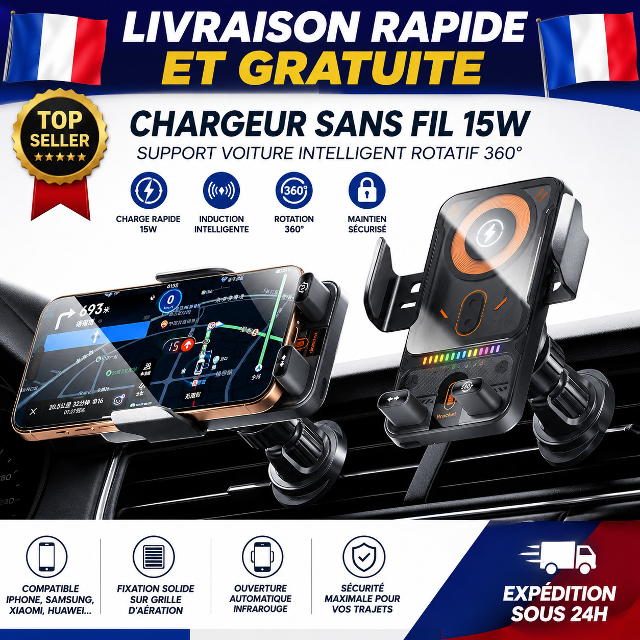 Chargeur voiture sans fil 15W support ventouse tableau de bord pour voyages en famille