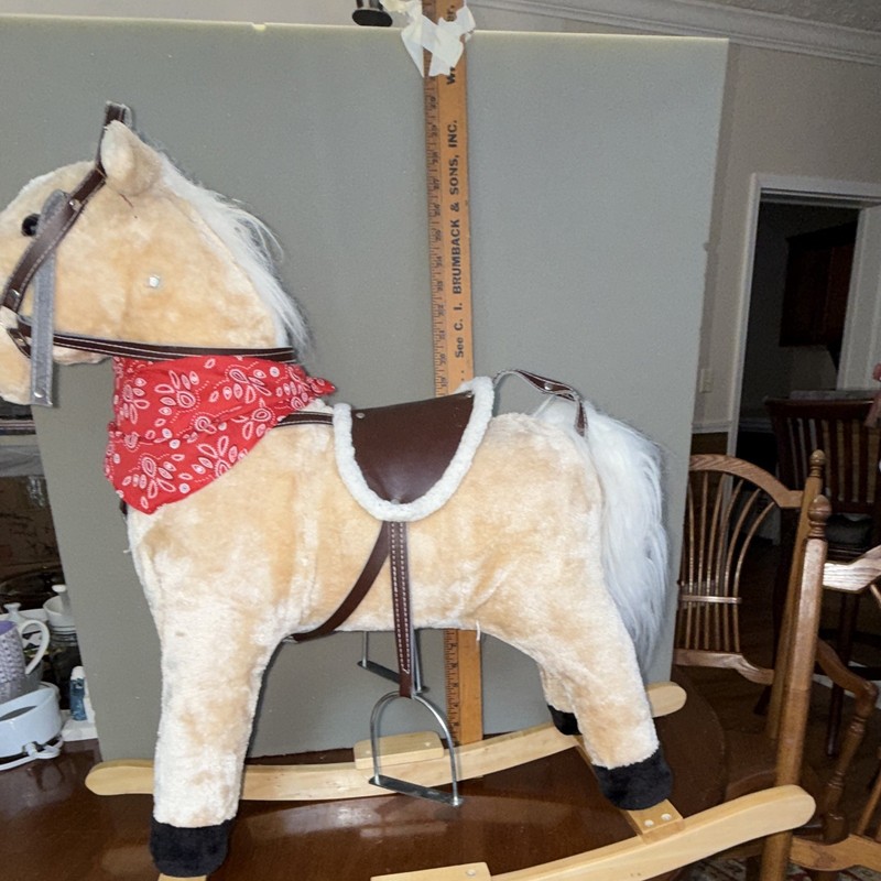 Plush Rocking Horse Toy w/ Wooden Rocker Base, Saddle, Stirrups & Red Bandana