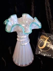 Fenton Champagne Pink Wheat Vase Ruffled Green Crest Signed