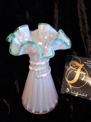 Fenton Champagne Pink Wheat Vase Ruffled Green Crest Signed
