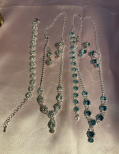 Silver Tone Clear  Blue Crystal Rhinestone Set Necklace Earrings Bracelet