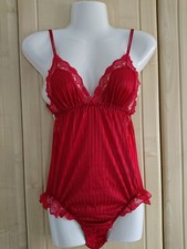 VTG BERLEI DEEP RED NYLON&POLY SEMI SHEER GLOSSY STRIPE LACE TRIM BODYSUIT XS/S.