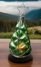 Green Hand Blown Bubble Glass Christmas Tree Candle Holder Metal Wire Star 12”