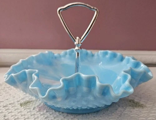 Vintage Blue Swirl Fenton 8 Inch Candy Dish. Hobnail Milk Glass Beautiful Piece