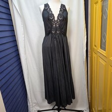 Vintage 80's OLGA XL Long Nightgown Negligee Black Full Sweep Nylon Satin 98280