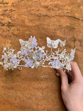 Silver Butterfly Flower Springtime Fairy Crown Tiara with Pearls Crystals Beads
