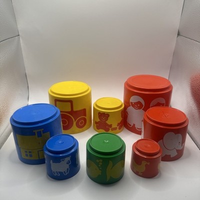 VINTAGE Gowi Made In Austria TOY PLASTIC STACKING CUPS 8 Pre Owned