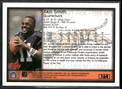 Akili Smith 1999 Topps Season Opener #164 Cincinnati Bengals RC OREGON - Bild 2 von 2