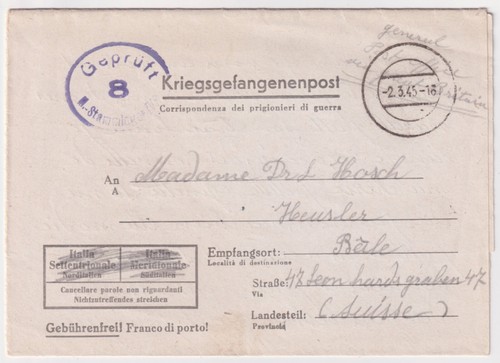 Torgau Elbe Stammalager IV D 1943 Prisoner of War Letter Biel Switzerland