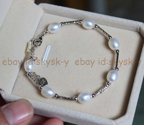 Natural South Sea White Rice Pearl Station Bangle Bracelet 7.5-8'' 6-10mm - Picture 5 of 10