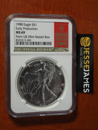 1988 SILVER EAGLE NGC MS69 EARLY PRODUCTION FROM US MINT SEALED BOX REDBOOK LABL