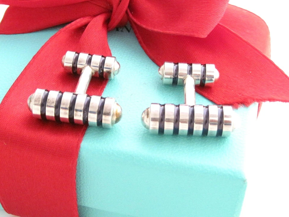 Gemelos Tiffany & Co plata negro esmalte ranura Picasso gemelos eslabones Foto 4 de 4