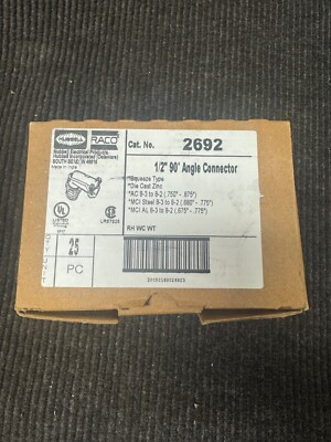 25pc Hubbell Raco 2692 1/2'' 90º Angle Connector Squeeze Type Zinc
